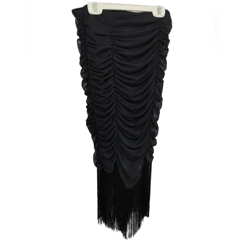 SK122) London Rose Black Ruched Fringe Pullon Maxi Skirt Size Medium